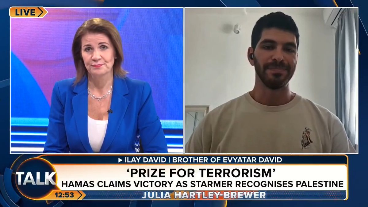 Brother of Israeli hostage Evyatar David, Ilay David, says Keir Starmer's decision to recognise Palestine will only be bad for hostages and Palestinians. "I want him to say the same things to my mother - to look in her eyes. Meet with us and tell us the same things." Julia Hartley-Brewer