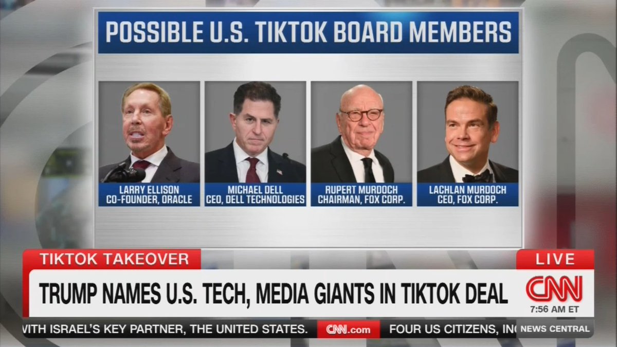 Reporter: Trump now says the tech billionaires Larry Ellison and Michael Dell plus the Murdochs could be part of the TikTok deal. This means that Fox Corporation would actually be getting a small stake in TikTok. These billionaires who are going to be in this American investor consortium, they are of course Trump friendly. That raises new questions about how the algorithm could be used to influence a partisan political agenda.