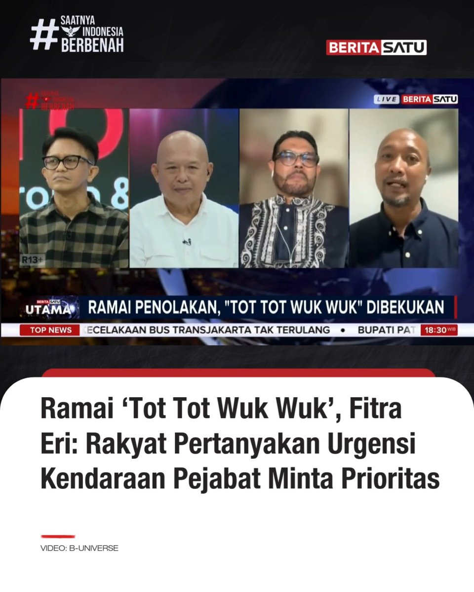 Belakangan ini, media sosial diramaikan oleh gerakan bertajuk "Stop Tot Tot Wuk Wuk". Gerakan ini menyerukan kepada pejabat maupun pengguna jalan agar tidak menyalakan sirene, strobo, atau rotator secara sembarangan. Influencer otomotif, Fitra Eri mengatakan masyarakat mempertanyakan urgensi pengunaan strobe, sirene, atau rotator kendaraan meminta prioritas untuk bisa jalan terlebih dahulu. Saksikan selengkapnya di Beritasatu TV, BTV, & YouTube BeritaSatu! #FitraEri #TotTotWukWuk #Strobo #Sirene #Rotator #SaatnyaIndonesiaBerbenah #BeritaSatu