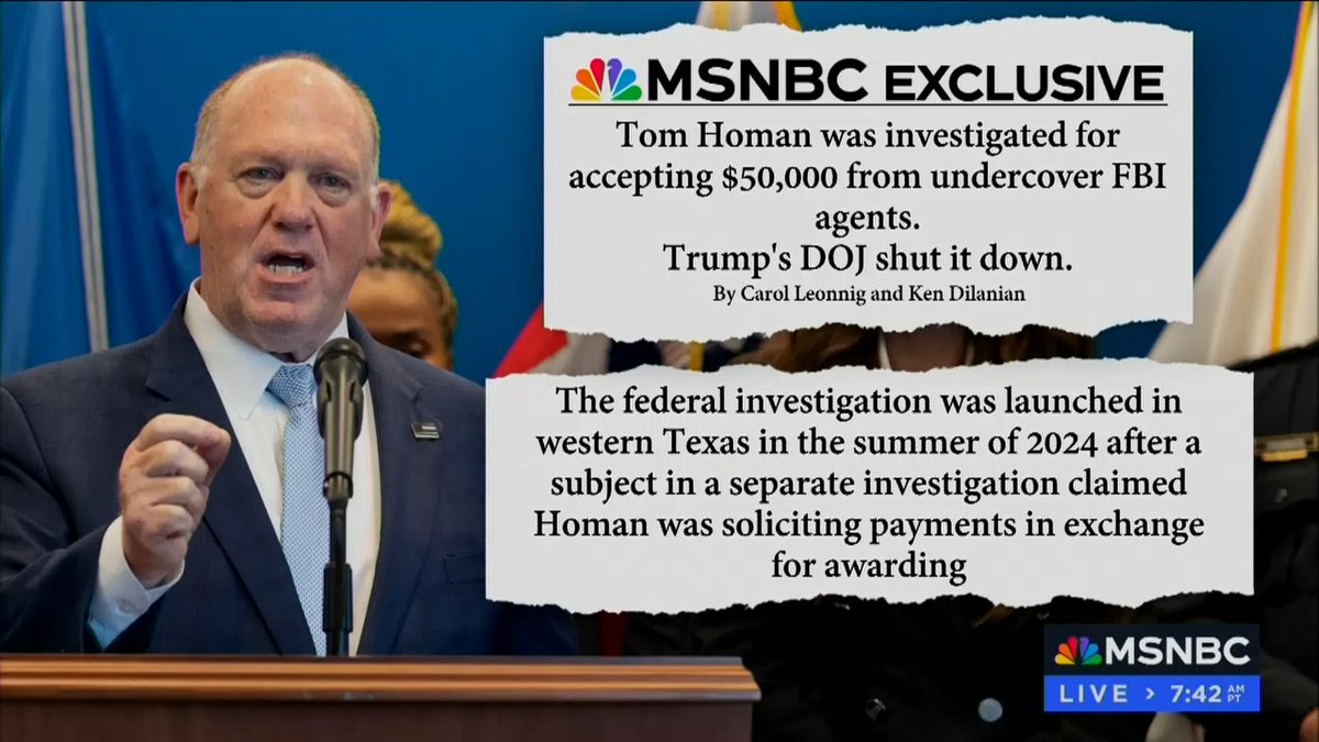 Reporter: The FBI was engaged in an investigation of a subject who kept saying, 'Tom Homan can get you contracts in a future Trump administration in exchange for money.' The FBI then opened a new investigation of Tom Homan because they felt they had to. It culminated in a meeting in 2024 when Tom Homan accepted a bag of cash with $50,000 in it