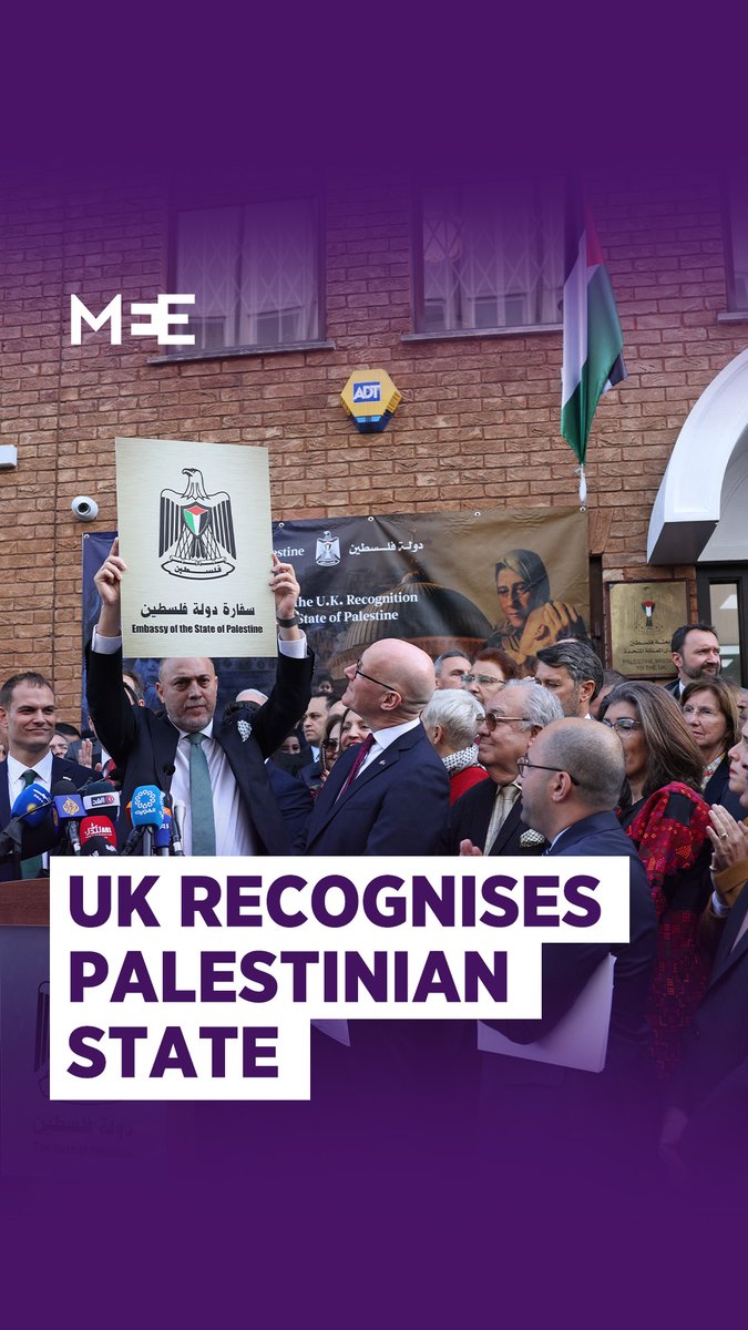 The Palestinian flag was raised for the first time outside the future Palestinian Embassy in London after the UK recognised a Palestinian State. The Palestinian Ambassador to the UK called it the first step of many to achieve self-determination for the Palestinian people