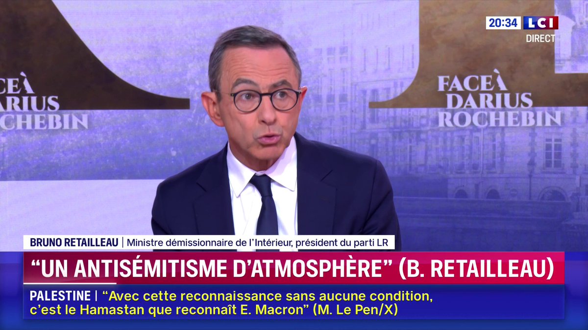 🔴 Reconnaissance de l'État de Palestine : "C'est le choix d'Emmanuel Macron, pas le mien. Mais ma conviction est qu'on ne peut reconnaître un État palestinien qu'avec les conditions réunies. " ➡ Bruno Retailleau face à Darius Rochebin sur LCI