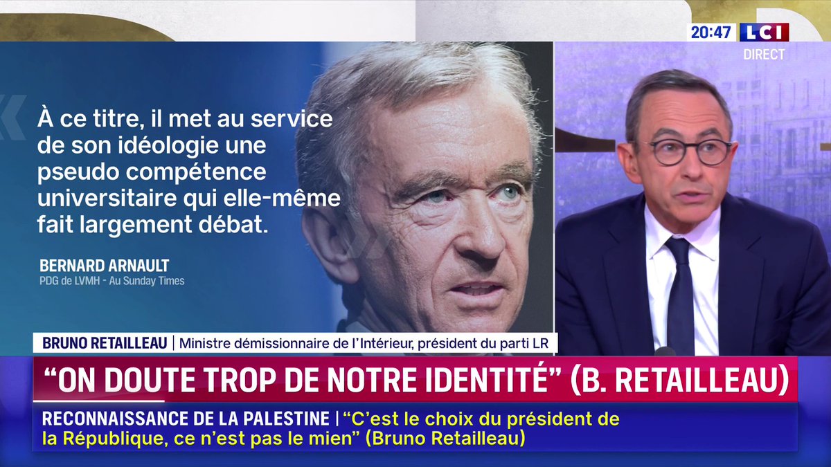 🔴 Taxe Zucman : "Je partage l'avis de Bernard Arnault. Si on applique cette taxe, les investisseurs vont quitter la France. " ➡ Bruno Retailleau face à Darius Rochebin sur LCI