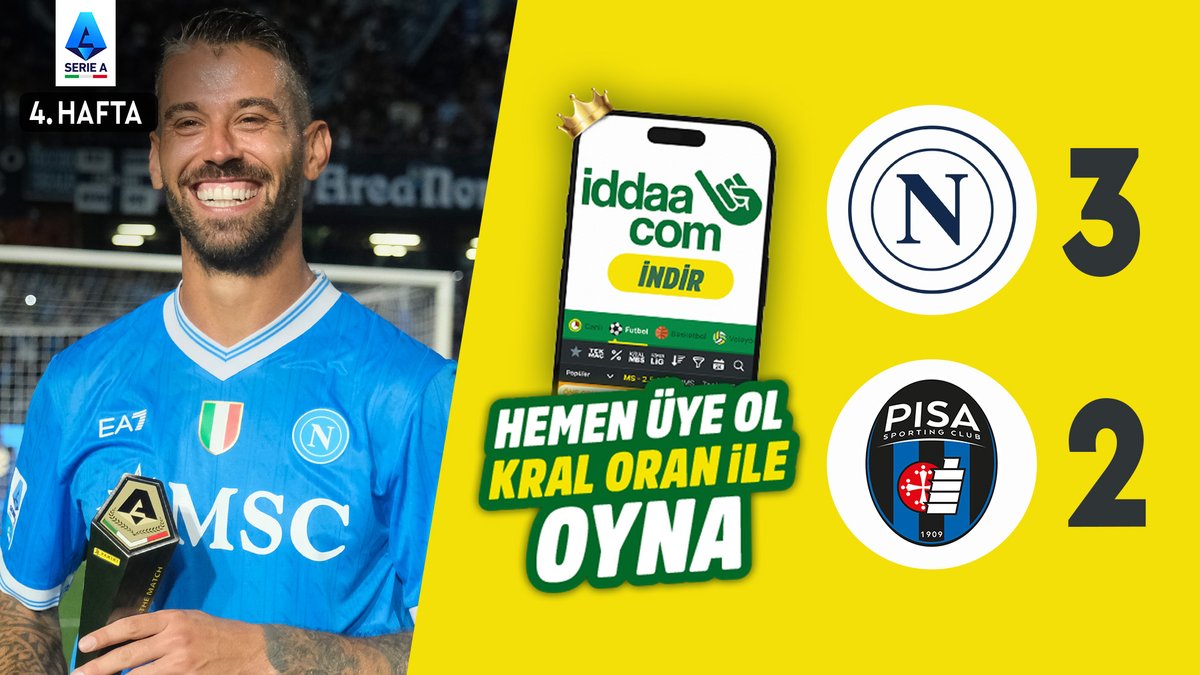 ⚽️ #SerieA’nın 4. haftasında Napoli, Pisa'yı 3-2 mağlup etti. 🟡iddaa 🟡