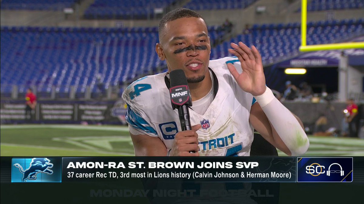 "I was just full of emotions, got a little excited." Scott Van Pelt asked Amon-Ra St. Brown about his reaction after his TD vs. Baltimore 😅