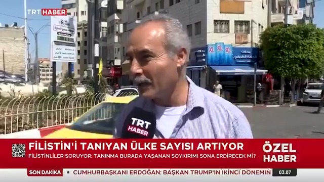 İngiltere, Avustralya, Kanada ve Portekiz gibi ülkeler Filistin’i tanıdığını duyurdu. TRT Haber, işgal altındaki Batı Şeria’da Filistinlilere mikrofon uzattı: 📌"Geç alınmış bir karar ama başta Türkiye olmak üzere Filistin'i destekleyen ülkelere teşekkür ediyoruz."