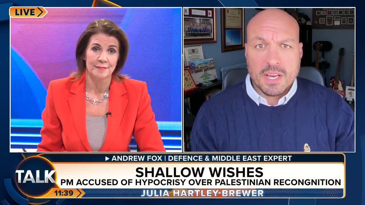 Defence expert Andrew Fox says Starmer's "disastrous" move to recognise Palestine has "probably killed Israeli hostages". "Hamas have been given a victory beyond their wildest dreams... Nothing I saw in Afghanistan on three tours comes remotely close to October 7!" Julia Hartley-Brewer