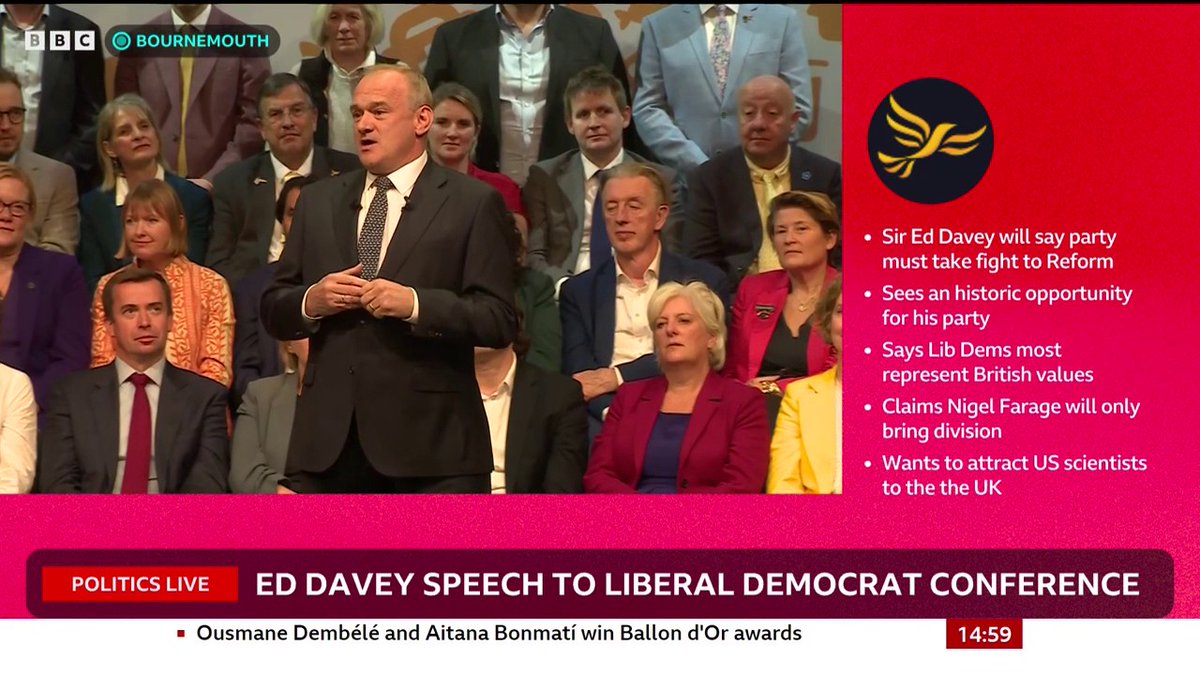 "We have a historic opportunity to win big as the only party now representing the views and values of Britain's decent, silent majority", says Lib Dem leader Ed Davey, as he mentions "threat" posed by Reform UK Follow live:
