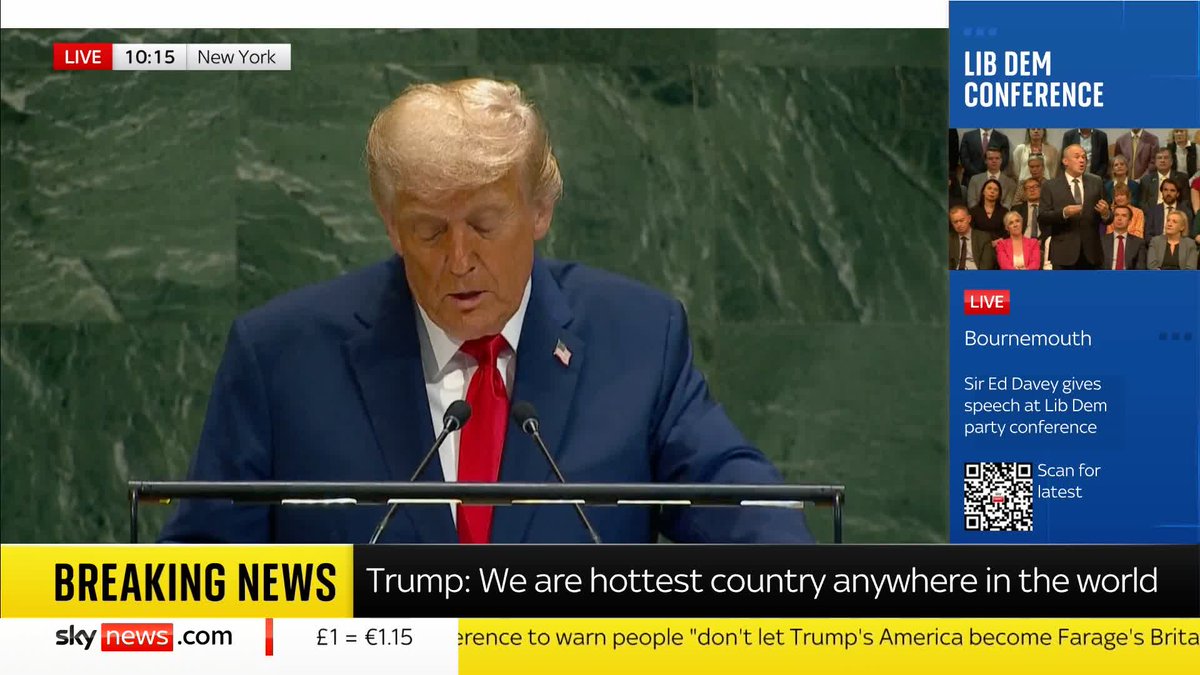 Donald Trump claims that he has "ended seven wars" during his address at the UN General Assembly. He adds that no president or prime minister has "ever done anything close to that". 📺 Sky 501, Virgin 602, Freeview 233 and YouTube