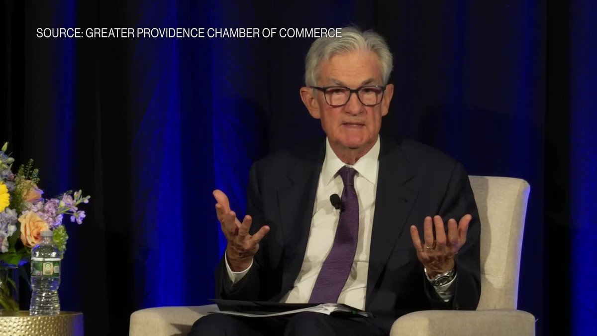 Federal Reserve Chair Jerome Powell says the Fed never thinks about politics when making policy decisions. He speaks during an event at the Greater Providence Chamber of Commerce in Rhode Island