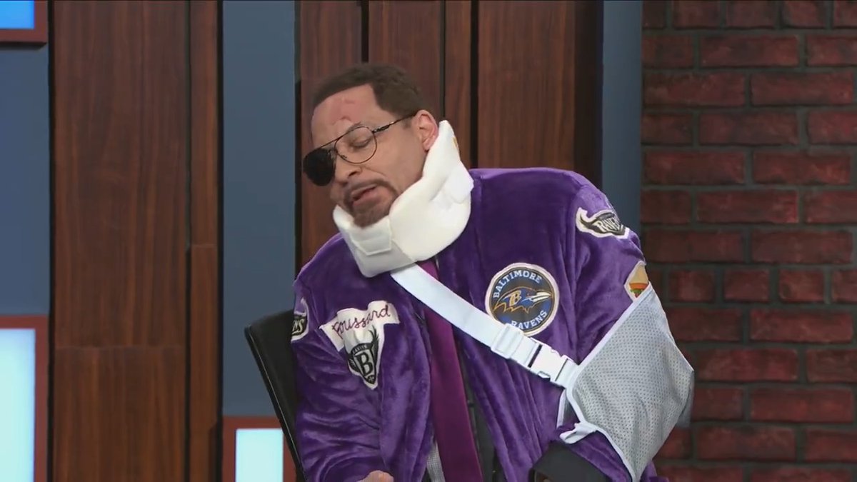 .Chris Broussard is not doing well after the Ravens’ loss to the Lions 🤕 “Before I could even get the word ‘sandwich’ out of my mouth, they jumped on me. They stripped me of my robe, plopped on my couch, made me turn on 8 Mile… and they forced me to make them a sandwich.”