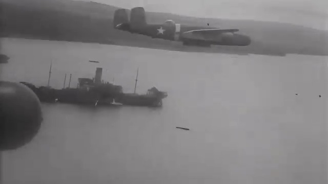 Early November 1943 B-25s attack ships around Rabaul on the Island of New Britain in the New Guinea territory using low-altitude , mast-height strafing in conjunction with skip bombing.🫡