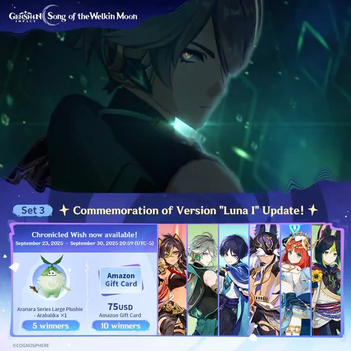 ✨Set 3✨ Commemoration of Version "Luna I" Update! 🎁Participate for a chance to win official merchandise or a $75 Amazon gift card! How to Participate: ① Follow Genshin Impact ② Repost this post Check results instantly: #GenshinImpact