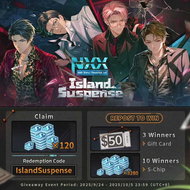 #IslandSuspense Event Trailer 🔍🎁 Release Bonus Redeem the "IslandSuspense" code for 🔹S-Chip ×120🔹 >> 🔍🎁 Lucky Draw Repost to win 50USD Gift Card (3 winners) and S-Chip ×3280 (10 winners)! Event Coming on 2025/9/30! ↓More Details↓ #TearsOfThemis