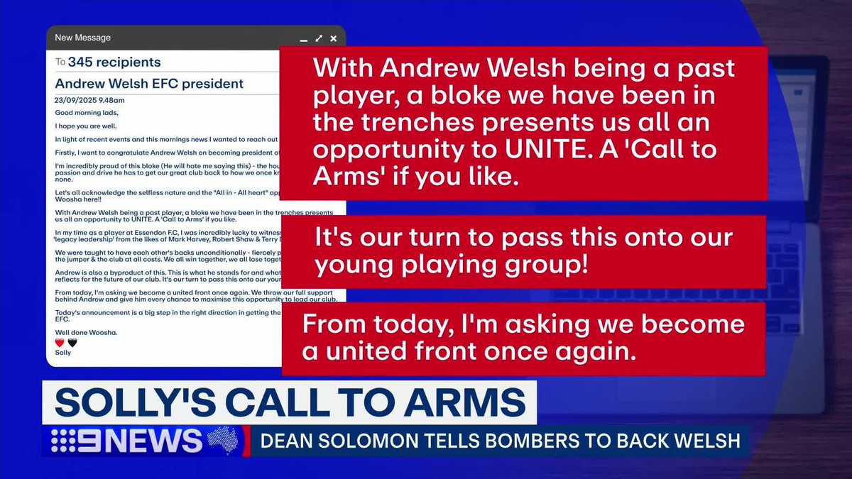 Essendon premiership player Dean Solomon has passionately called on his former teammates to get behind new president Andrew Welsh. Tom Morris #9News