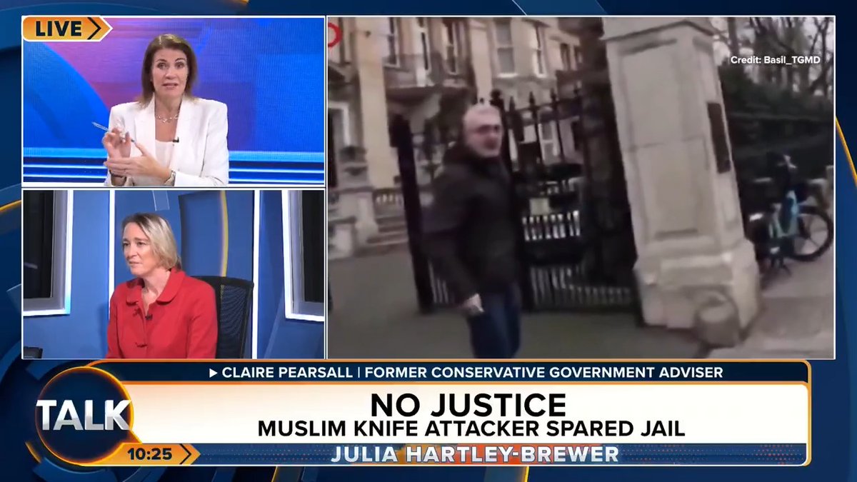 Julia Hartley-Brewer says the UK has a "very big problem" with its judiciary and "needs a mass clear out" of its judges, after a Muslim knifer was spared jail for attacking a man on the street. "It's a good thing he didn't write a tweet about it or he'd be jailed!" Julia Hartley-Brewer
