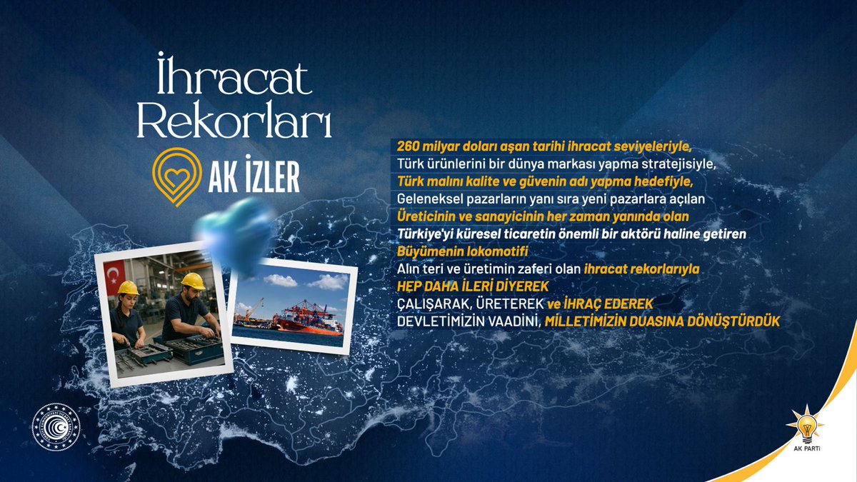 İhracat rekorları, üretim gücümüzü dünyaya taşıdığımız, Türkiye’nin ekonomik vizyonunda #AKİzler bıraktığımız gurur kaynağı başarılarımızdan sadece bir tanesi.