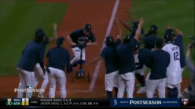 After the Seattle Mariners - x clinched a spot in the Postseason last night, reliever Trent Thornton, who is out for the season with a torn Achilles, rounded the bases on a scooter! 😂 “There's a vibe in that city right now.” - Sean Casey #TridentsUp | #MLBCentral