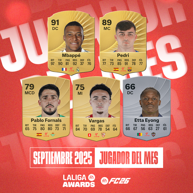 👀 Estos son los nominados al 𝐉𝐔𝐆𝐀𝐃𝐎𝐑 𝐃𝐄𝐋 𝐌𝐄𝐒 de septiembre en #LALIGAEASPORTS! 🌟 Pedri González 🌟 Kylian Mbappé 🌟 Rubén Vargas 🌟 Pablo Fornals 🌟 Etta Eyong #LALIGAPOTM | #PREMIOSLALIGA | EA SPORTS FC ESPAÑA