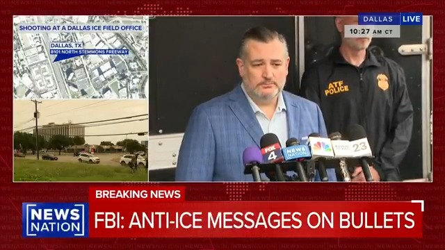 "Politically motivated violence is wrong. … This must stop": Sen. Ted Cruz condemns negative rhetoric demonizing Immigration and Customs Enforcement and Customs and Border Protection, especially from politicians. He says politicians need to learn to work together without demonizing and attacking each other. This comes after an attack on an ICE facility in Dallas, where the suspect's remaining bullets allegedly had "anti-ICE" written on them. More: