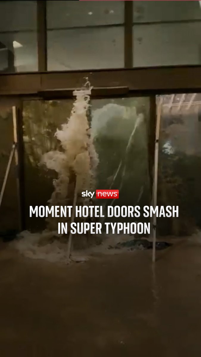 A hotel reception flooded after a super typhoon smashed the front doors and a surge of water burst in. Hong Kong's storm level had been at its highest level of 10.