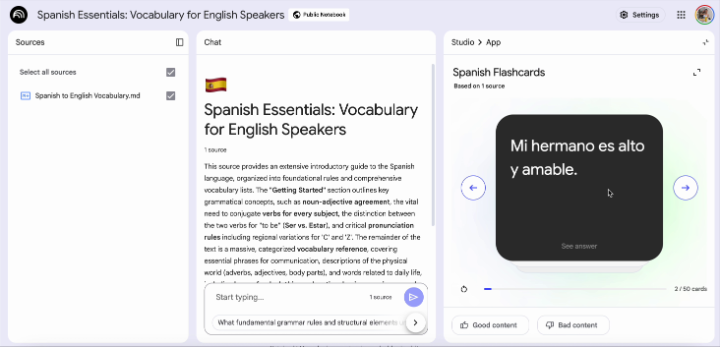 One of the most popular uses for NotebookLM is language learning. From audio overviews to our most recent flashcards and quizzes launch— just upload a vocabulary list, and you'll be multilingual in no time. Check out this public notebook we made for learning Spanish ⬇️