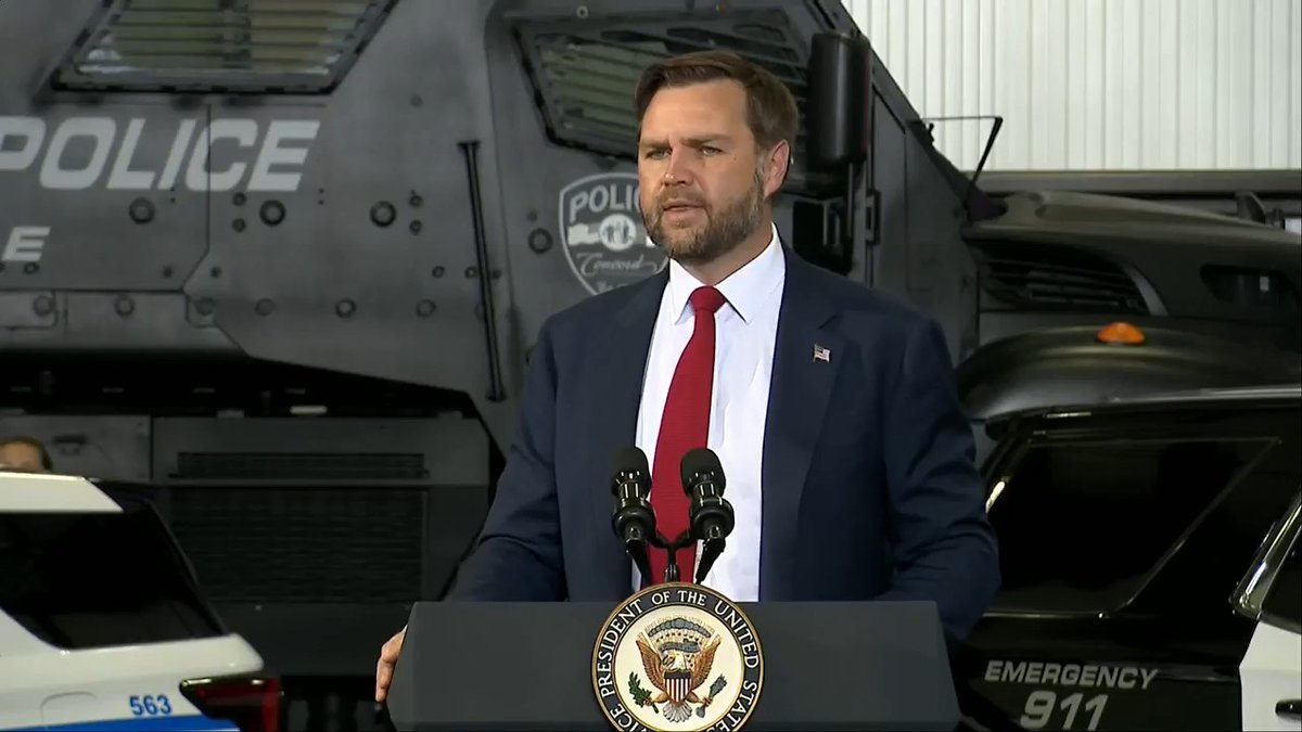 "We want law and order for her above all else, right? That's why we're doing what we do." Vice President Vance pauses while delivering a speech on the importance of empowering law enforcement to acknowledge a baby in the audience