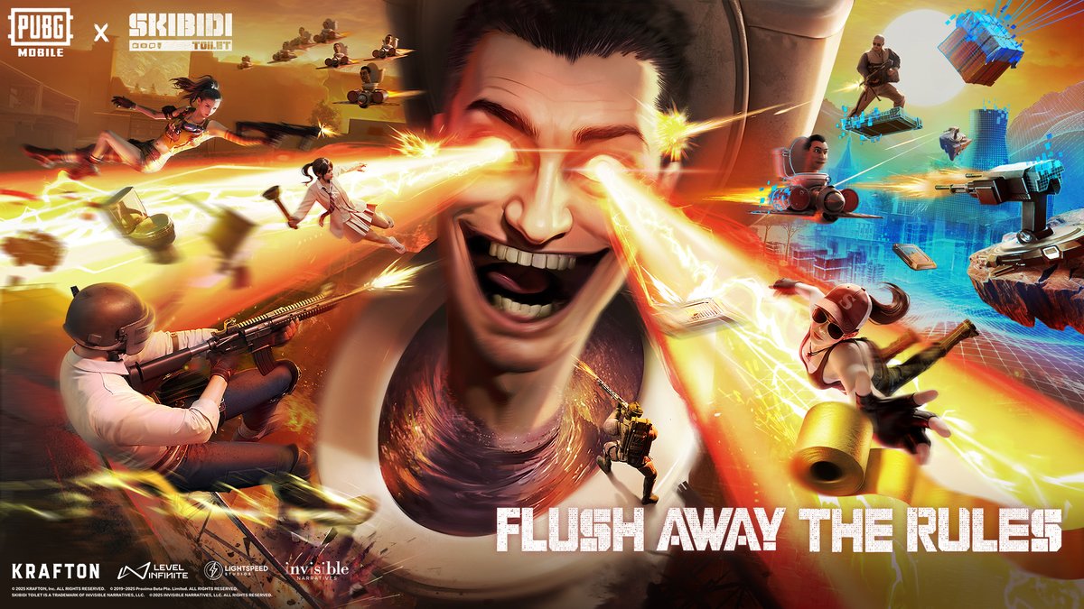 Plunge into battle & flush the rules! 🚽💥 Skibidi Toilet plunges into PUBG MOBILE 25/09, wreaks havoc in Livik & Erangel, pops up in Metro Royale, crashes World of Wonder 29/09, and drops epic rewards in the themed event during 30/09–04/11. #PUBGMxSKIBIDITOILET