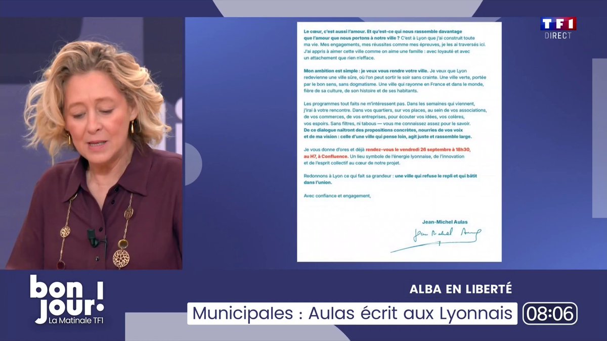 ▶️ Municipales : Aulas écrit aux Lyonnais. 🔴 L'ancien président de l'Olympique lyonnais, officialise sa candidature à la mairie de Lyon 📺 Alba Ventura en Liberté dans #BonjourLaMatinaleTF1 ⤵