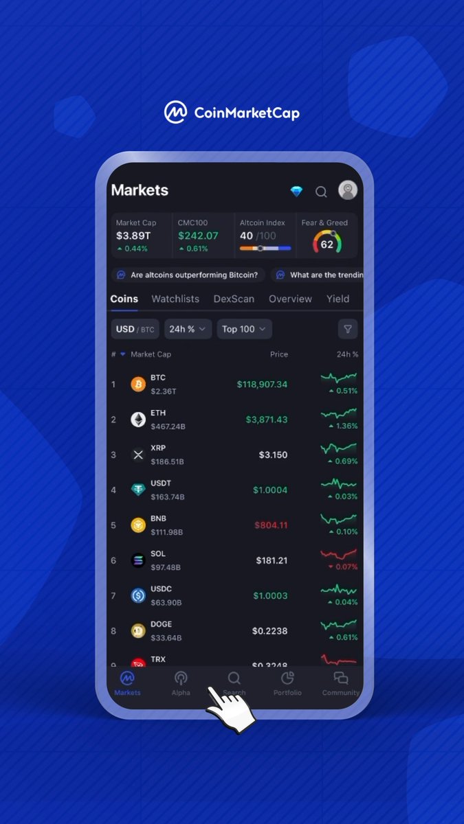 🔎 CMC Feature Highlight | Alpha Tab The Alpha Scan button in the CMC app instantly shows you: • Smart Money buys • Fresh launches • What’s trending right now Open the app and tap Alpha to get started.