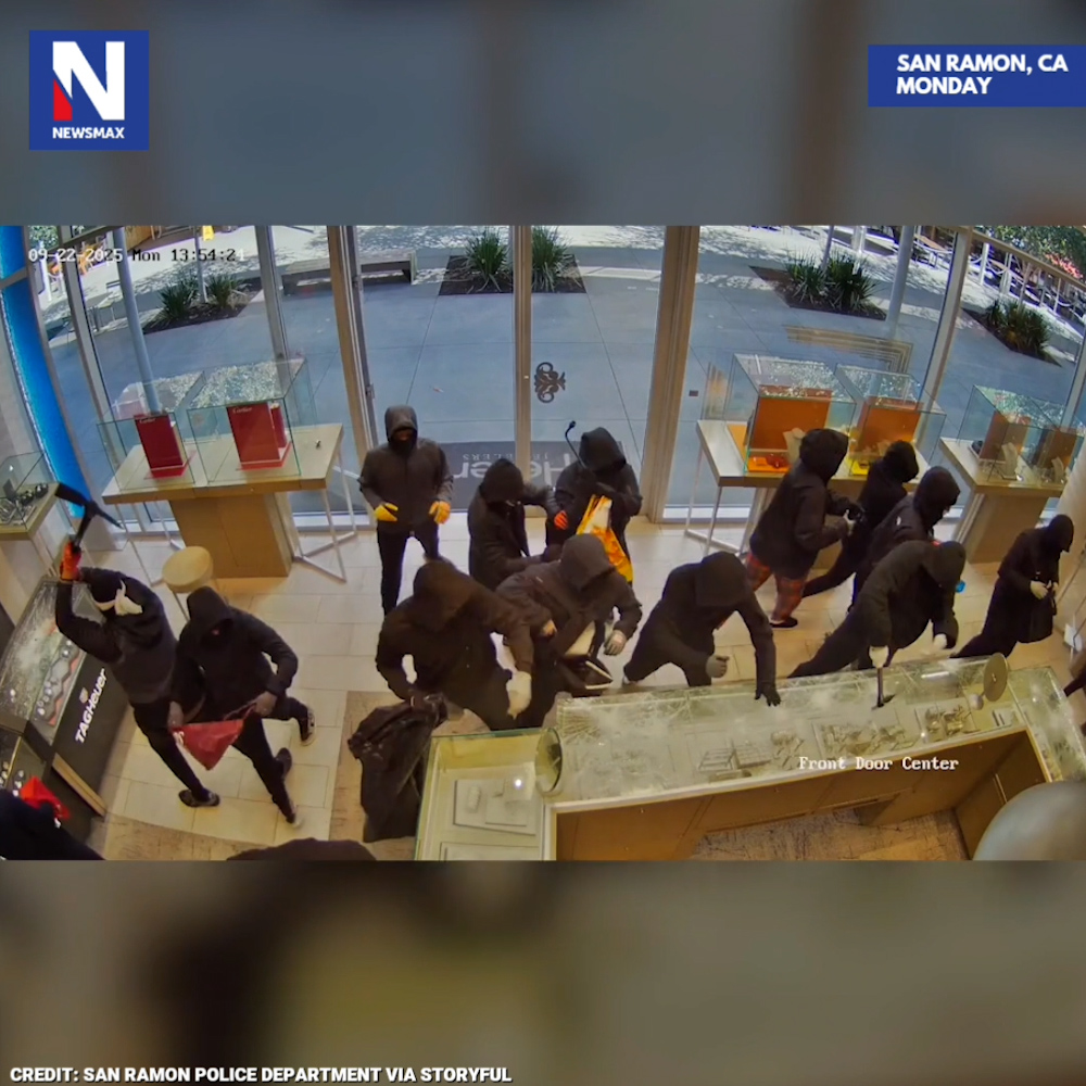 SMASH-AND-GRAB: Security footage caught a brazen robbery at a San Ramon, California, jewelry store on Monday. About twenty masked suspects stormed in, smashed display cases, and grabbed merchandise. Police say several were armed, and one fired a shot — but no one was hurt. Multiple arrests have been made.