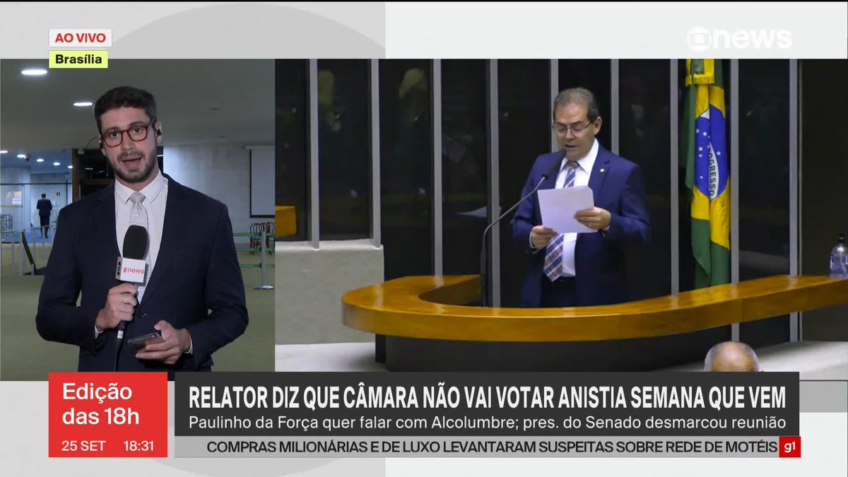 O relator do PL da Anistia, Paulinho da Força (Solidariedade-SP), disse que o projeto não será mais votado na próxima semana. O deputado ainda aguarda uma reunião com o presidente do Senado, Davi Alcolumbre (União Brasil-AP), porque parlamentares da Câmara querem uma garantia de acordo para evitar o que aconteceu com a PEC da Blindagem. ➡ Assista ao #Edição18: #GloboNews