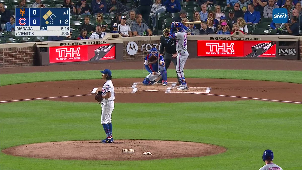 The Mets get the first run of the game as Francisco Lindor scores after Dansby Swanson falls into the stands catching Mark Vientos' foul ball. Runners are awarded one base when a fielder leaves the field of play.