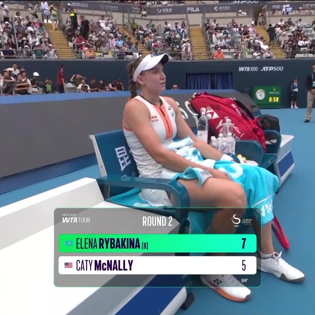 Elena Rybakina won the 1st set against Caty McNally in Beijing like this. INCREDIBLE backhand passing shot off of an overhead. 3 set points saved. Down 3-5. Won 12 of the last 14 points. Great fight. 🇰🇿🩵