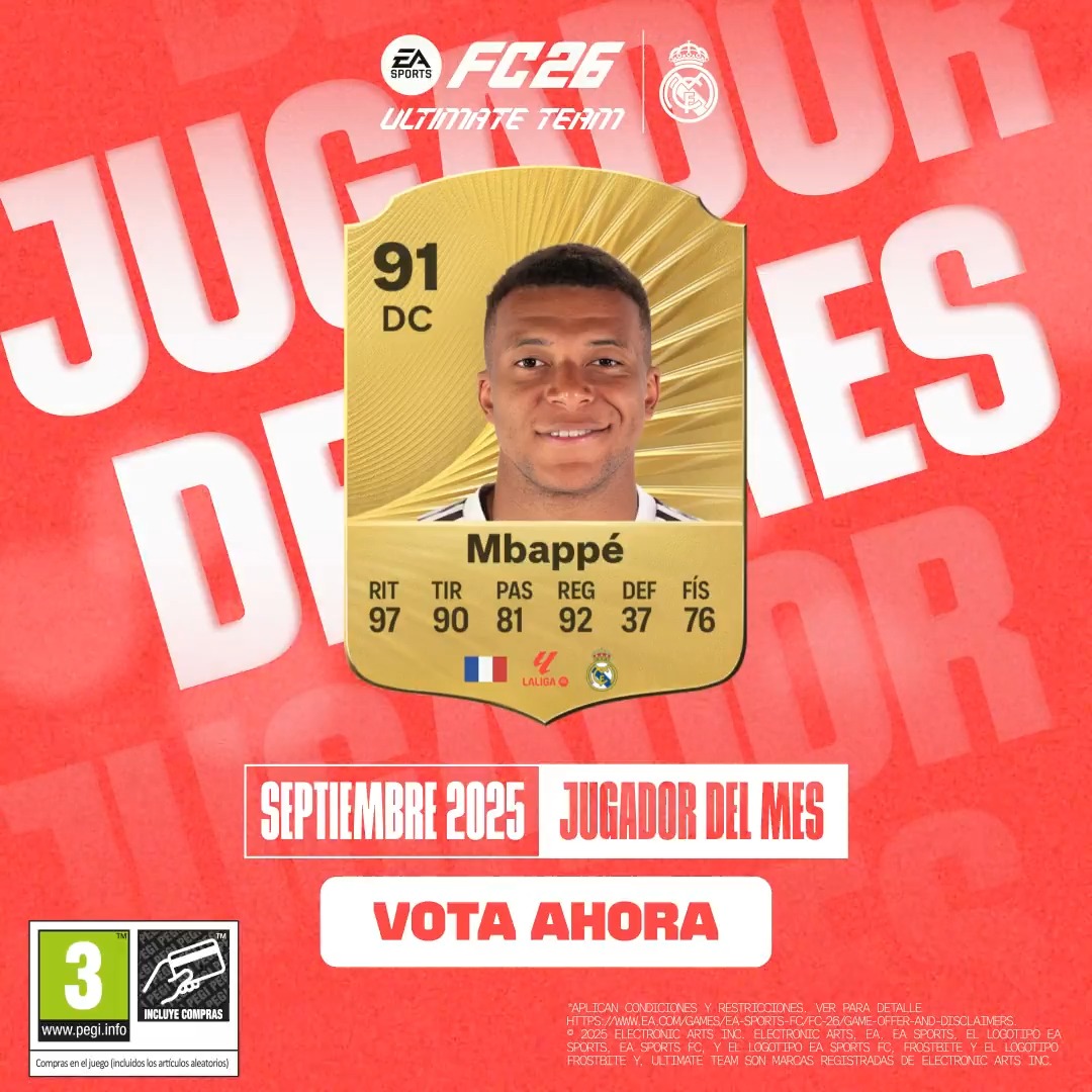 🤩 ¡2 de 2! Kylian Mbappé vuelve a estar nominado a Jugador del Mes de EA SPORTS FC ESPAÑA. 🗳️ ¡Vota por él! #FC26 | #POTM