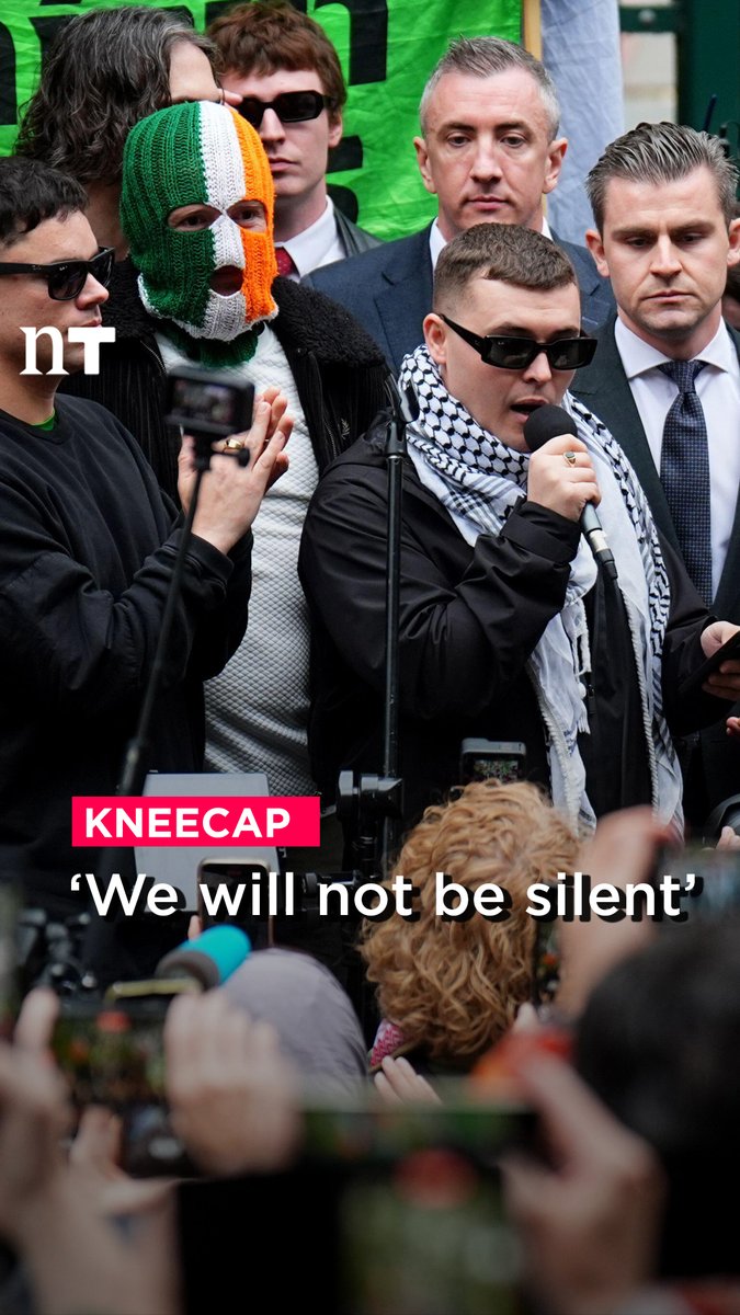 "If anyone on this planet is guilty of terrorism, it's the British state." Kneecap's Mo Chara (Liam Óg Ó hAnnaidh) delivers a speech to supporters outside Woolwich Crown Court, London, after the terrorism case against him was thrown out.