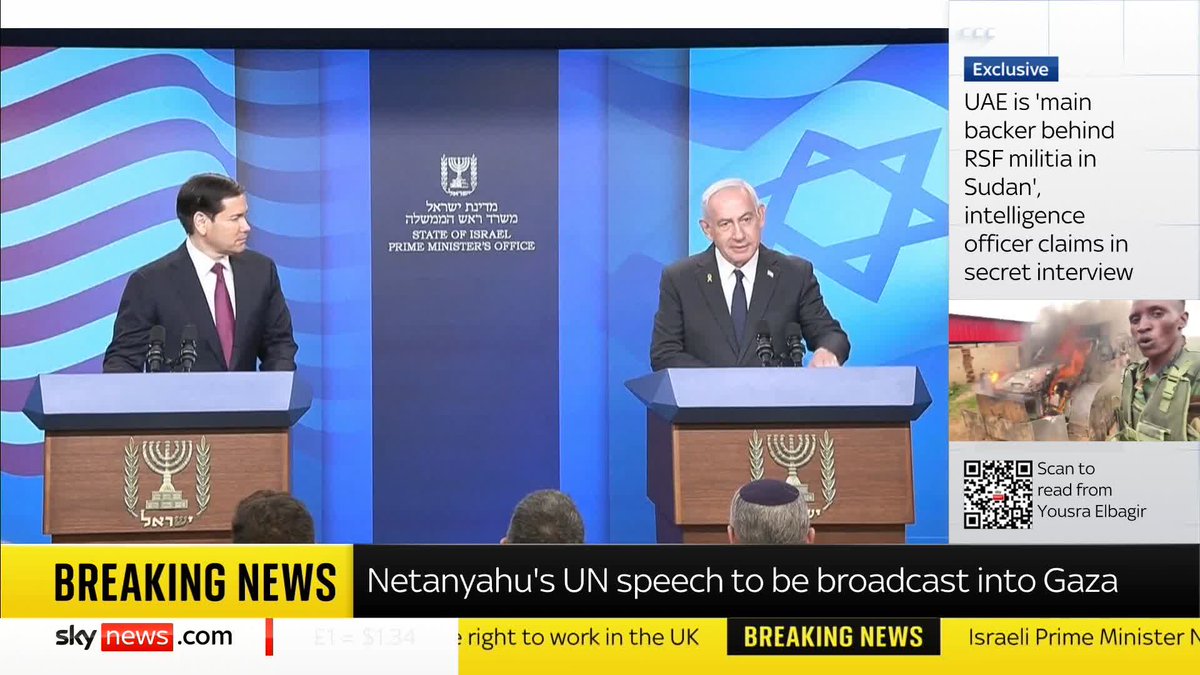 BREAKING: Netanyahu's UN address will be broadcast into Gaza, says the office of the Israeli PM 📺 Sky 501, Virgin 602, Freeview 233 and YouTube