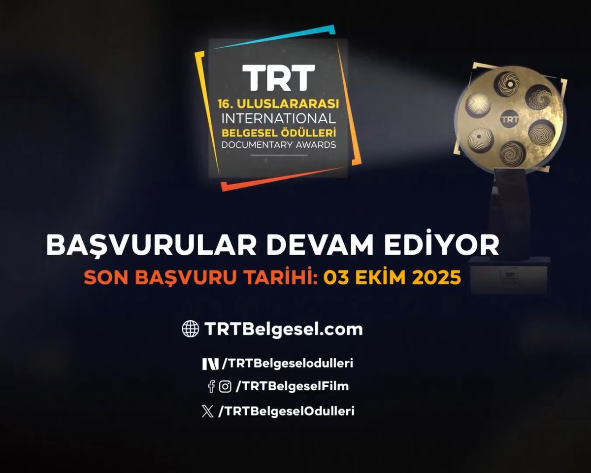 16. TRT Uluslararası Belgesel Ödülleri başvuruları devam ediyor! Son başvuru tarihi: 03 Ekim 2025