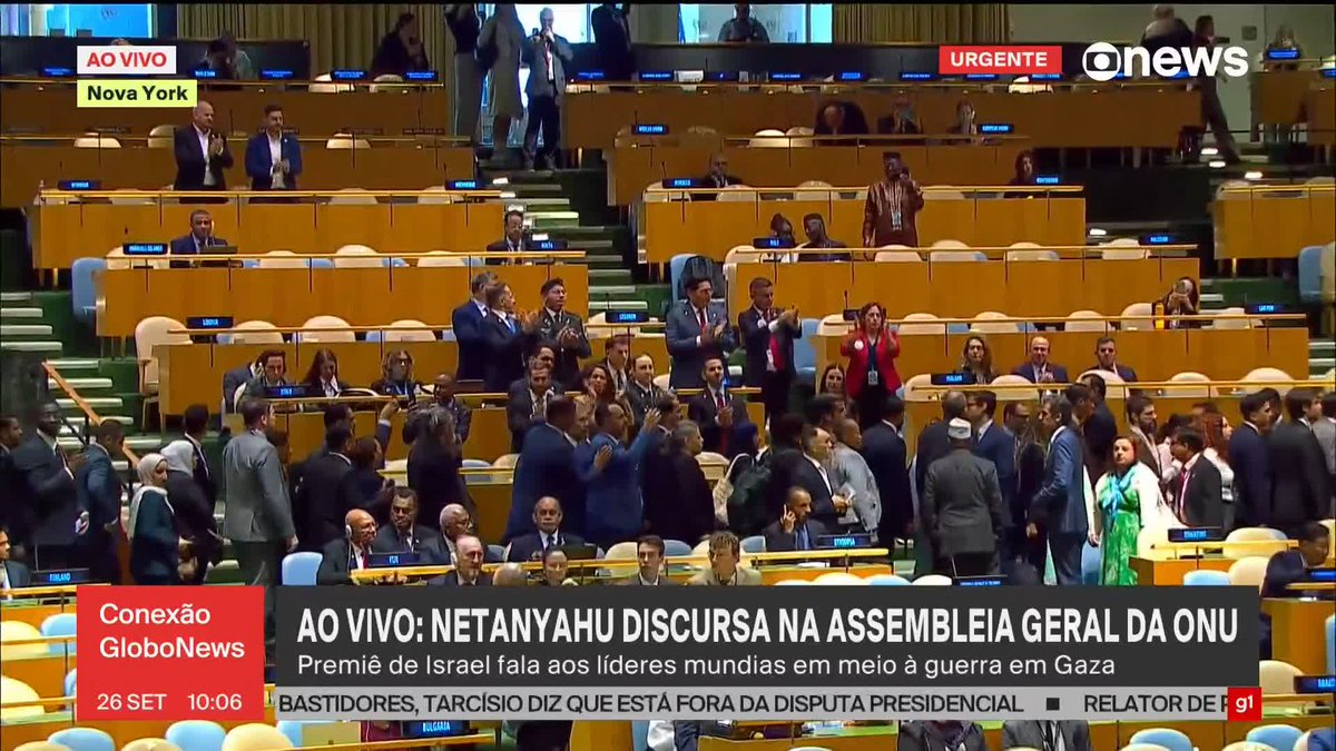 Delegações deixam a Assembleia Geral da ONU em protesto contra Benjamin Netanyahu. Algumas comitivas ficam e aplaudem. #ConexãoGloboNews ➡️ Assista à #GloboNews: