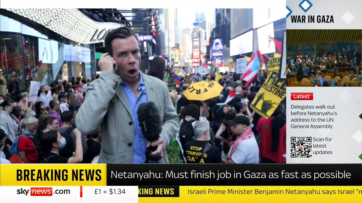 US Correspondent Mark Stone reports from New York where a pro-Palestine protest is taking place. Earlier, Israeli PM Benjamin Netanyahu was met with a walkout at the UN General Assembly when he took to the podium to speak. 📺 Sky 501 and YouTube