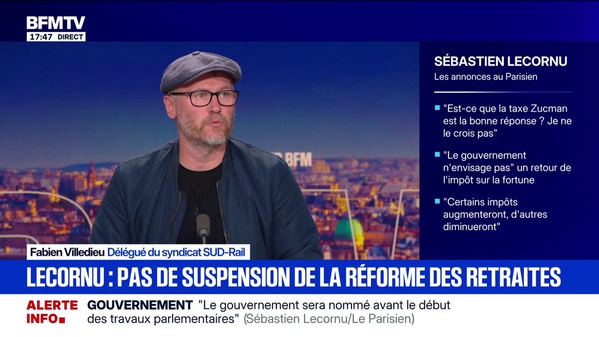 Sébastien Lecornu indique qu'il n'y aura pas de suspension de la réforme des retraites Pour Fabien Villedieu, délégué du syndicat (SUD-Rail), "c'est une déception"