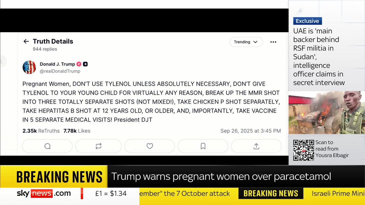 BREAKING: US President Donald Trump posts on his social media platform Truth Social warning pregnant women over paracetamol. 📺 Sky 501 and YouTube