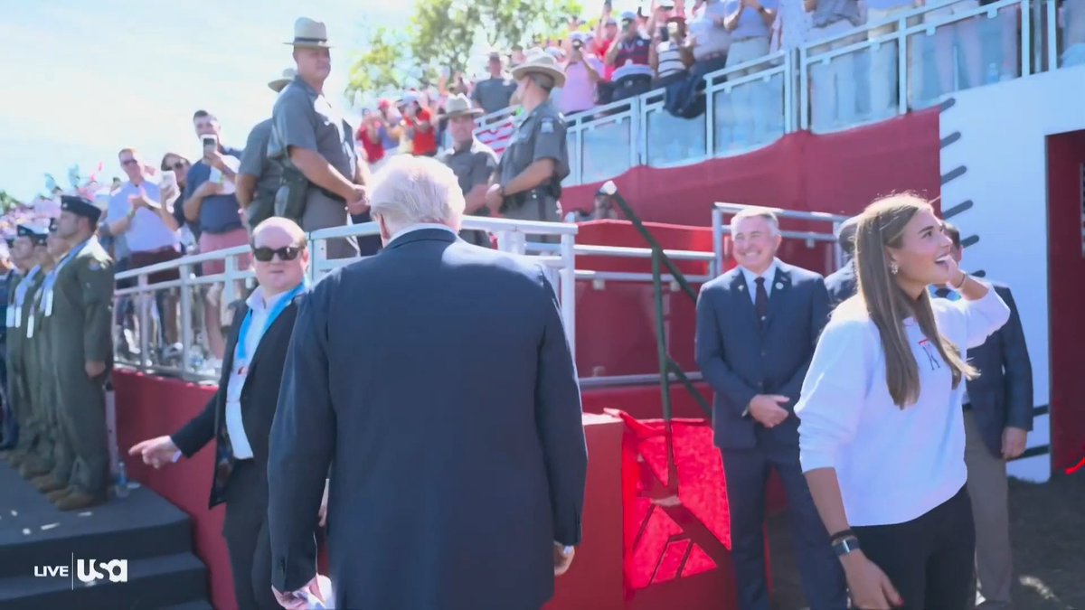 With President Trump and his granddaughter Kai watching on, the Ryder Cup provided a powerful rendition of the national anthem from Bryan Robinson and a flyover, as the afternoon session tees off.