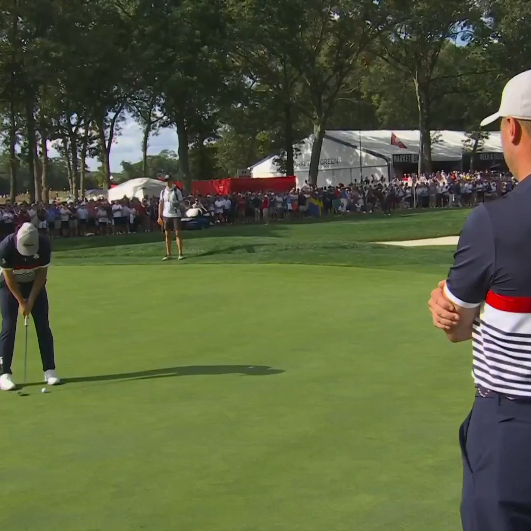 Cameron Young gets his partner and captain fired up with a birdie to take a 3 up lead. 🇺🇸
