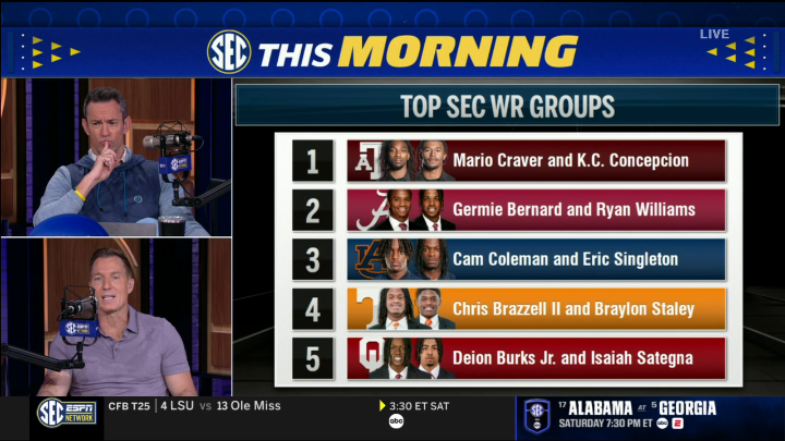 1) Mario Craver &amp; K.C. Concepcion 2) Germie Bernard &amp; Ryan Williams 3) Cam Coleman &amp; Eric Singleton 4) Chris Brazzell II &amp; Braylon Staley 5) Deion Burks Jr. &amp; Isaiah Sategna Chris Doering lists his Top 5 SEC WR duos 👀