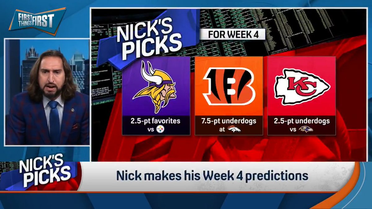 After another winning week for #NicksPicks, nick wright shares his Week 4 predictions 💰 Vikings -2.5 Bengals +7.5 Chiefs +2.5