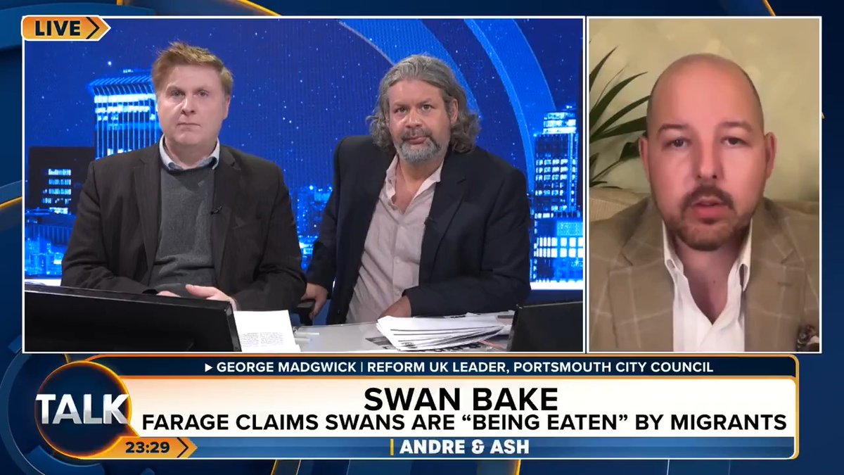 Reform UK's George Madgwick says illegal migrants are "taking the fish out of the ponds" in Portsmouth and "eating them." "There's also footage of them taking a goose from a pond." André Walker Ash Cllr George Madgwick