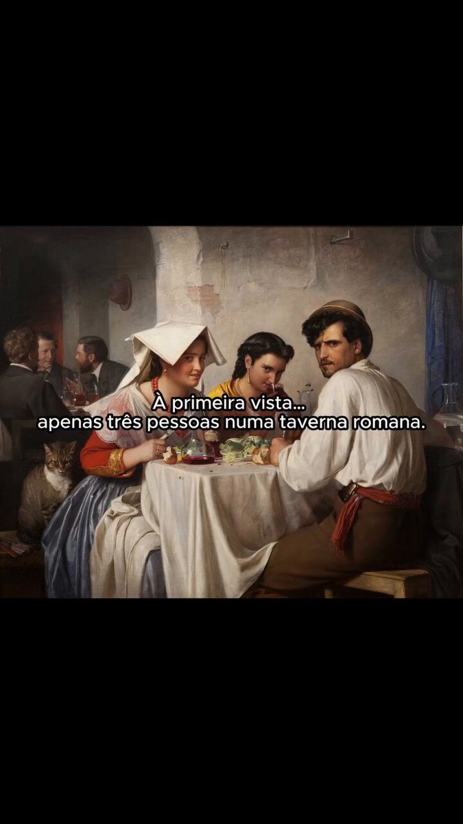 Carl Bloch - In a Roman Osteria (Em uma Osteria Romana) - 1866 Cena de interior ambientada em uma taberna romana. Três personagens estão dispostos em torno de uma mesa simples de pedra, onde se vê vinho, pão e alimentos típicos. O grupo é formado por um homem e duas mulheres, cada um deles carregando uma expressão distinta: o homem, colocado ao centro, encara diretamente o espectador, criando uma ruptura com a cena e estabelecendo uma tensão quase desconfortável; a jovem à esquerda, com taça erguida, bebe o vinho de maneira sugestiva, transmitindo sensualidade; a mulher à direita, com sorriso insinuante, parece dirigir ao espectador um convite velado para partilhar do ambiente. O jogo de olhares é o ponto focal da obra: há uma construção psicológica que ultrapassa a anedota de gênero e toca em temas como desejo, tentação e julgamento moral. Bloch utiliza uma iluminação clara e controlada, destacando os rostos e os gestos em contraste com o fundo mais escuro e neutro, recurso que aproxima sua técnica da tradição barroca. A composição triangular dos personagens reforça a unidade do grupo, ao mesmo tempo em que o espectador é transformado no “quarto convidado” da mesa. A obra, executada em óleo sobre tela, é um exemplo do domínio narrativo de Carl Bloch, artista dinamarquês do século XIX, que se destacou tanto em cenas de gênero quanto em pinturas de caráter religioso.