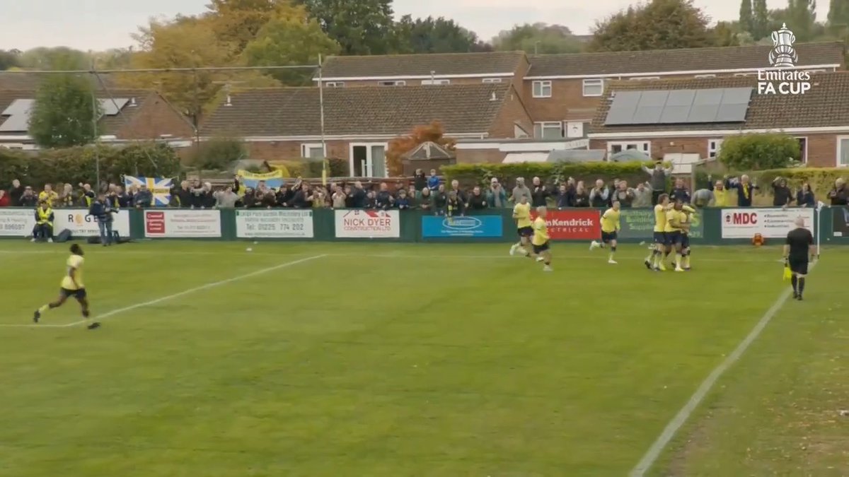 90+9 WINNER 😱 The 10-men of Farnborough FC left it late, but Teddy Collis pokes in to knock out Westbury United in spite of a valiant fight from the home side 🏆 Catch-up on all the action with BBC iPlayer &amp; BBC Red Button 📺 #EmiratesFACup