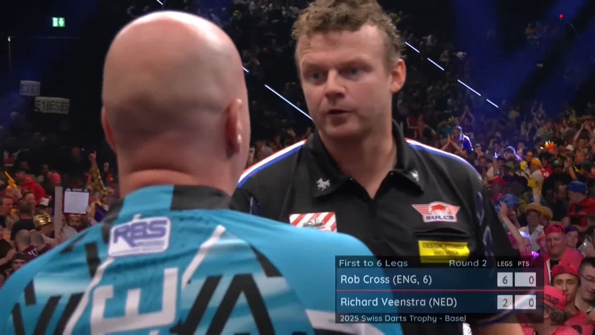 CROSS CRUISES THROUGH! ⚡️ Rob Cross wins five straight legs to defeat Richard Veenstra 6-2 and ease through to Round Three at the Swiss Darts Trophy! Crucial win for Cross in his bid to qualify for next month's European Championship! 📺 #ET13 | R2
